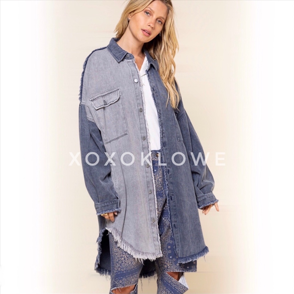 POL Oversized Denim Shacket | Blue Gray Colorblock Longline Jacket - Picture 5 of 10
